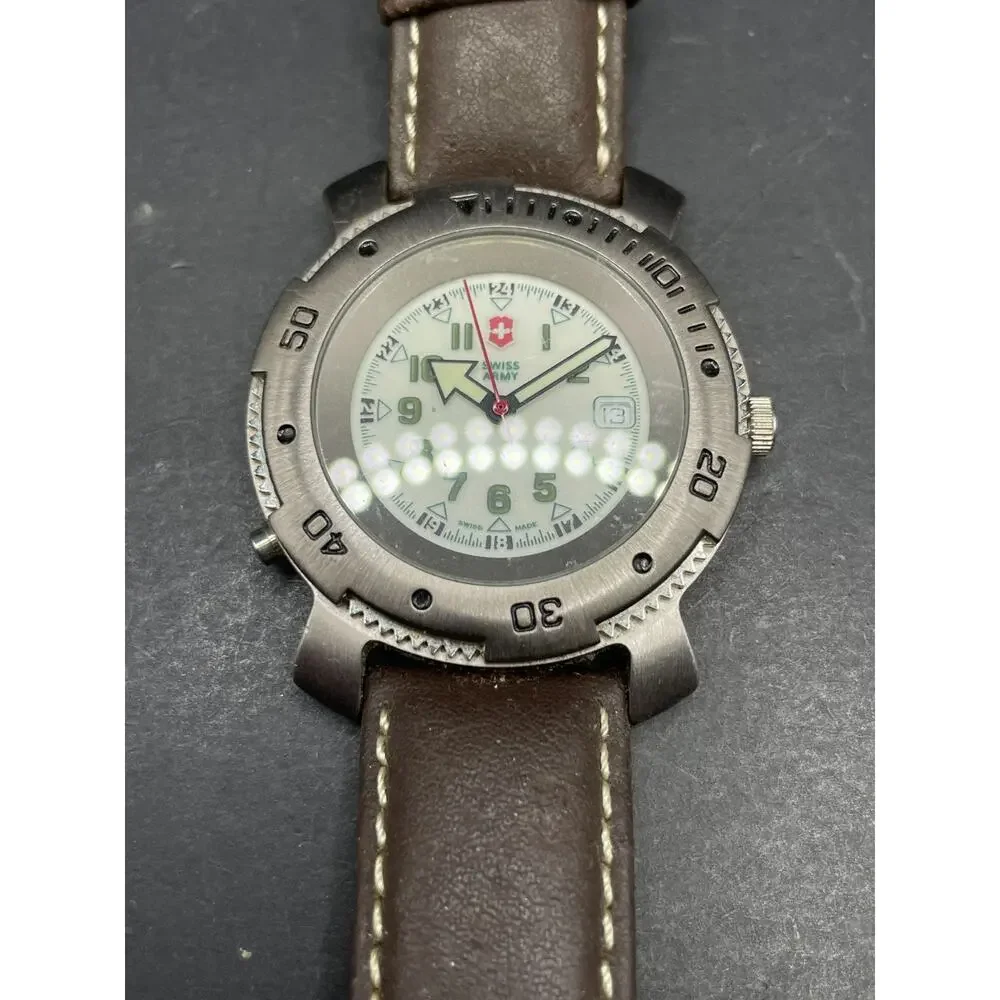 Victorinox Swiss Army Watch Men 40mm Silver Tone Date Swiss Made Brown Band